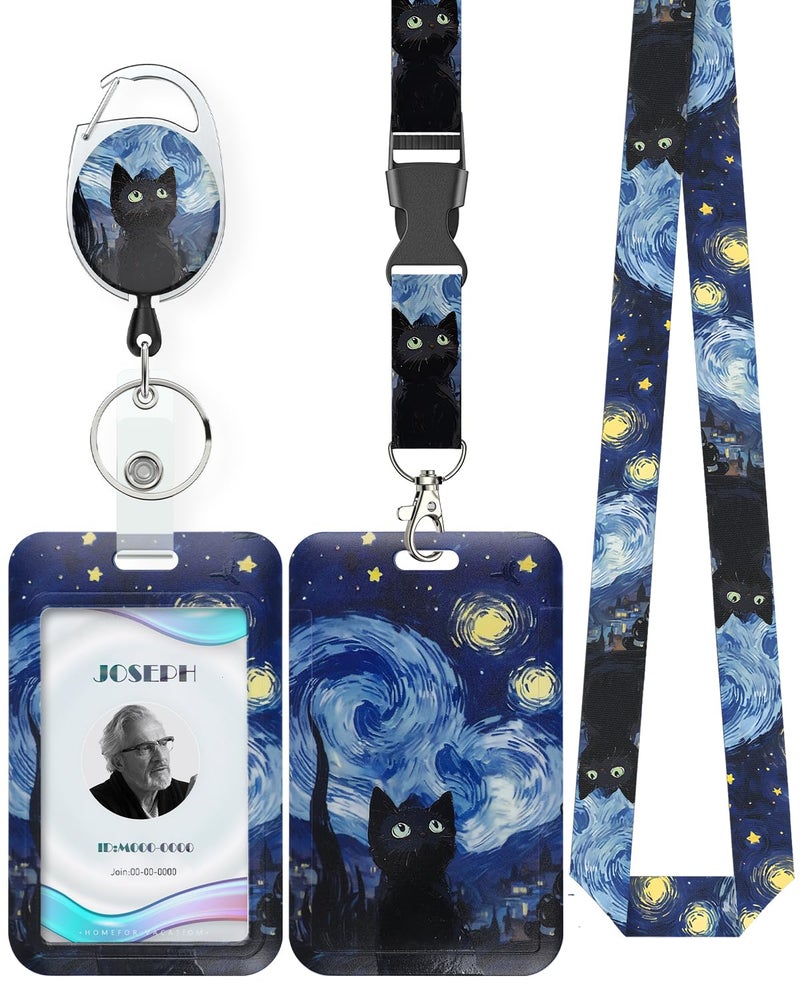 Uniclife Fashionable Sliding Badge Holder Starry Night & Black Cat Plastic Card Holder with Retractable Badge Reel Carabiner Detachable Lanyard Vertical Card Protector for Office Worker - Image 1